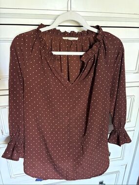 fun 2 fun Brown Polka Dot Ruffle V-Neck Blouse